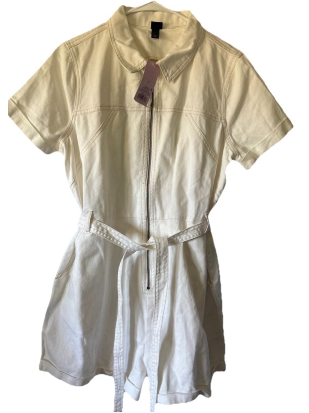 Wild Fable White Denim Romper Size L Short Sleeve Zip Front Utility Jumpsuit NWT